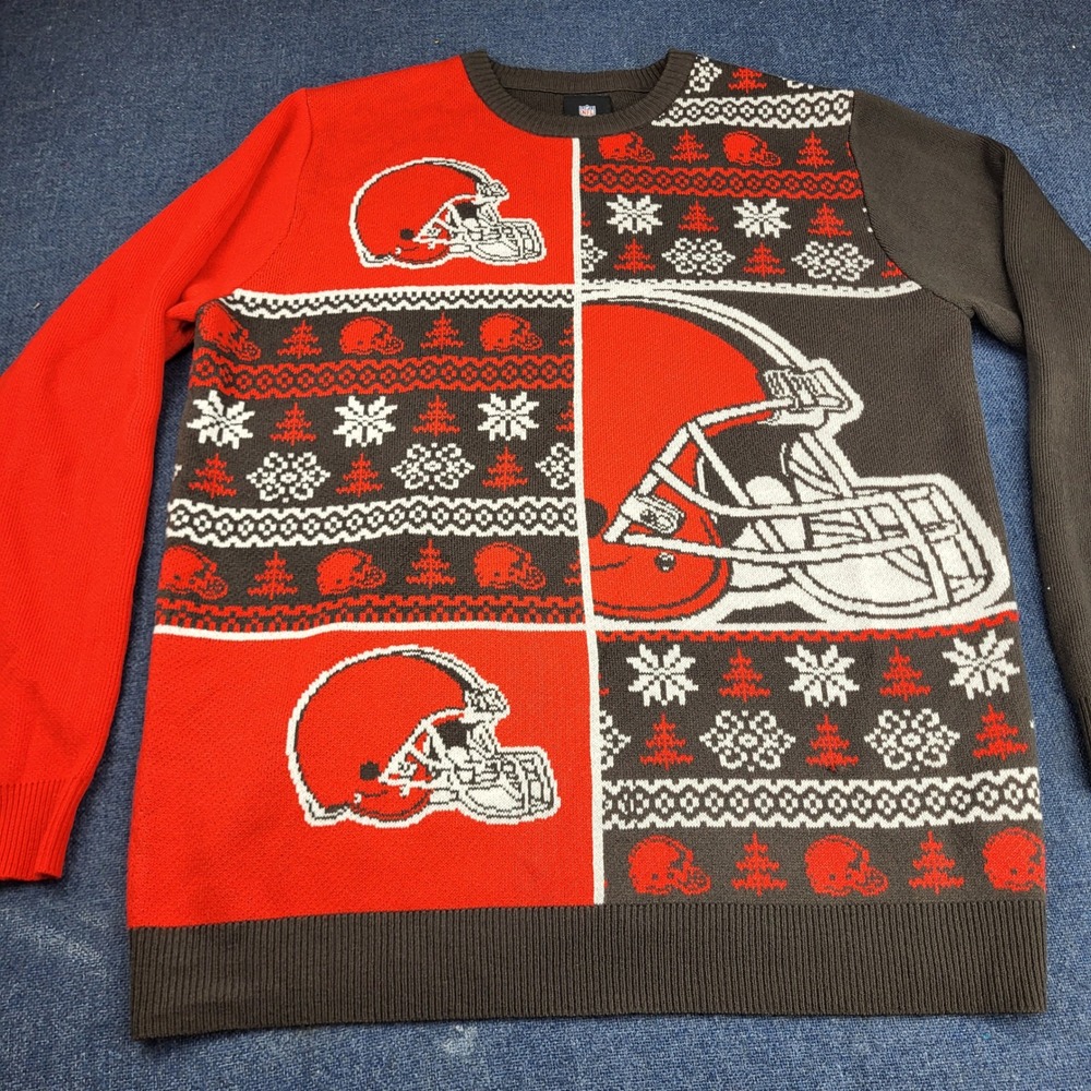 NFL Team Apparel Cleveland Browns Mens Ugly Christmas Sweater Brown Orange Large